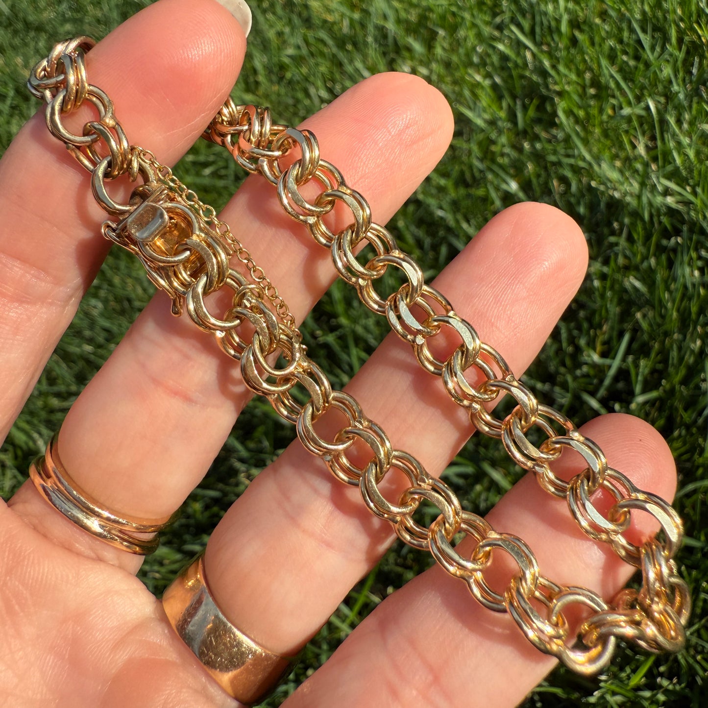 7.25" Solid 14K Yellow Gold Double Link Charm Bracelet 7.6mm Bracelet 19.2 g