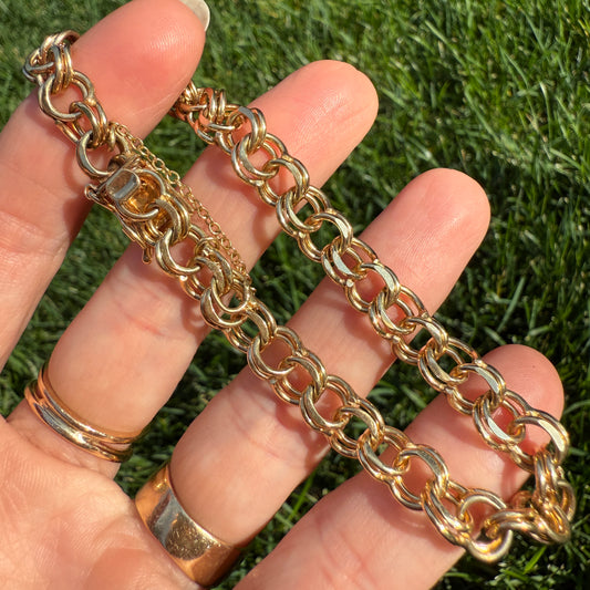 7.25" Solid 14K Yellow Gold Double Link Charm Bracelet 7.6mm Bracelet 19.2 g