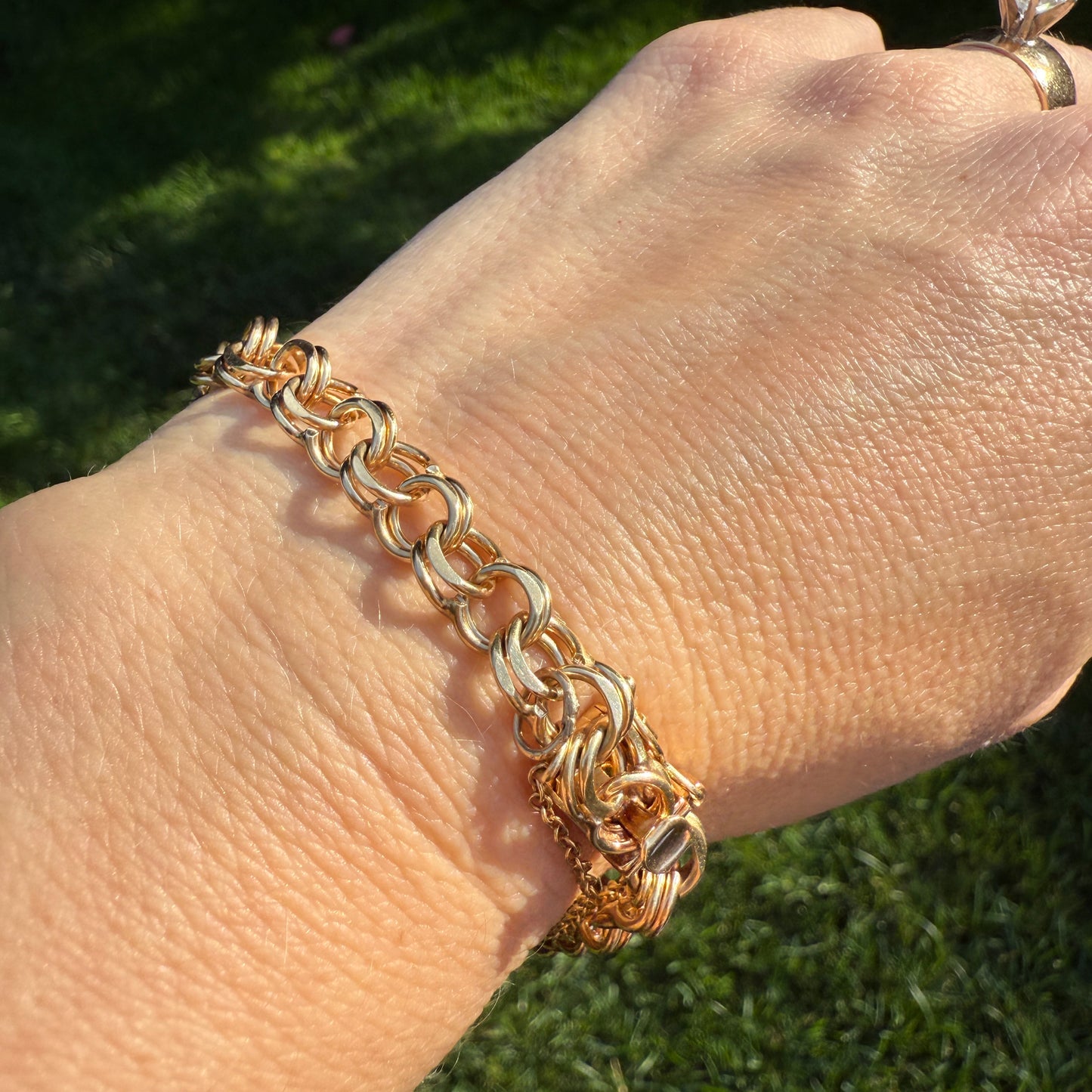 7.25" Solid 14K Yellow Gold Double Link Charm Bracelet 7.6mm Bracelet 19.2 g