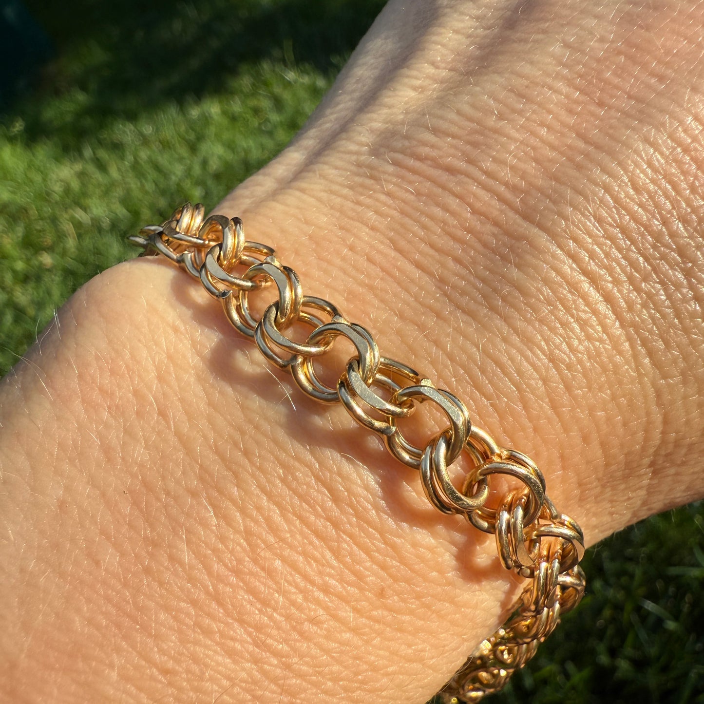7.25" Solid 14K Yellow Gold Double Link Charm Bracelet 7.6mm Bracelet 19.2 g