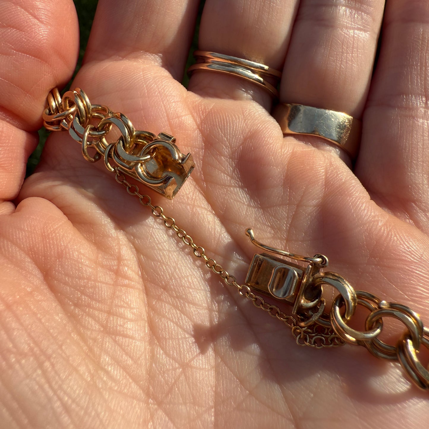 7.25" Solid 14K Yellow Gold Double Link Charm Bracelet 7.6mm Bracelet 19.2 g