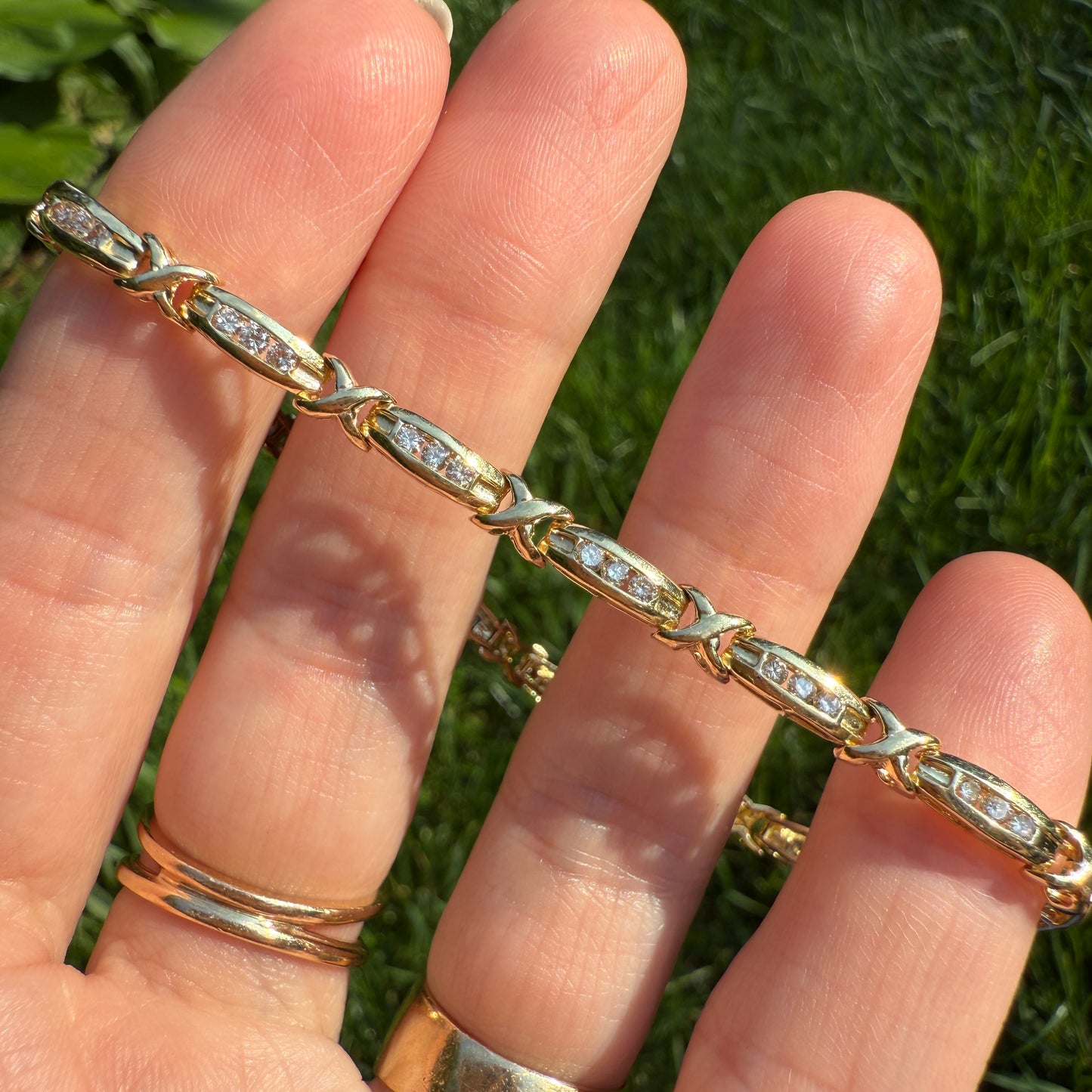 Estate 7" Solid 14K Gold Diamond X & Bar Link Bracelet 4mm 8.32g
