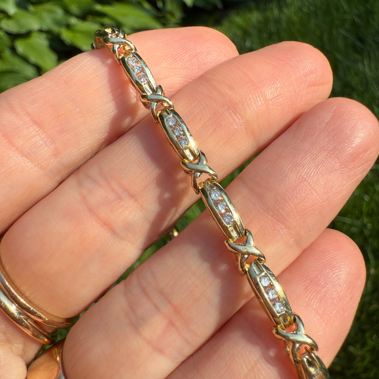Estate 7" Solid 14K Gold Diamond X & Bar Link Bracelet 4mm 8.32g