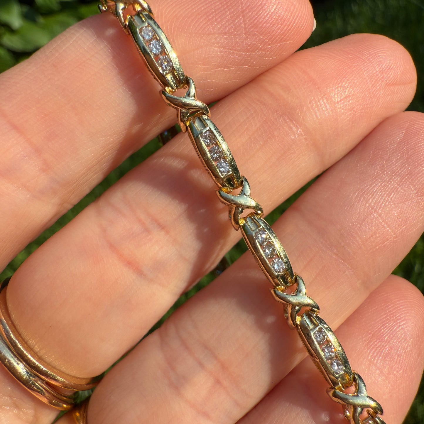 Estate 7" Solid 14K Gold Diamond X & Bar Link Bracelet 4mm 8.32g