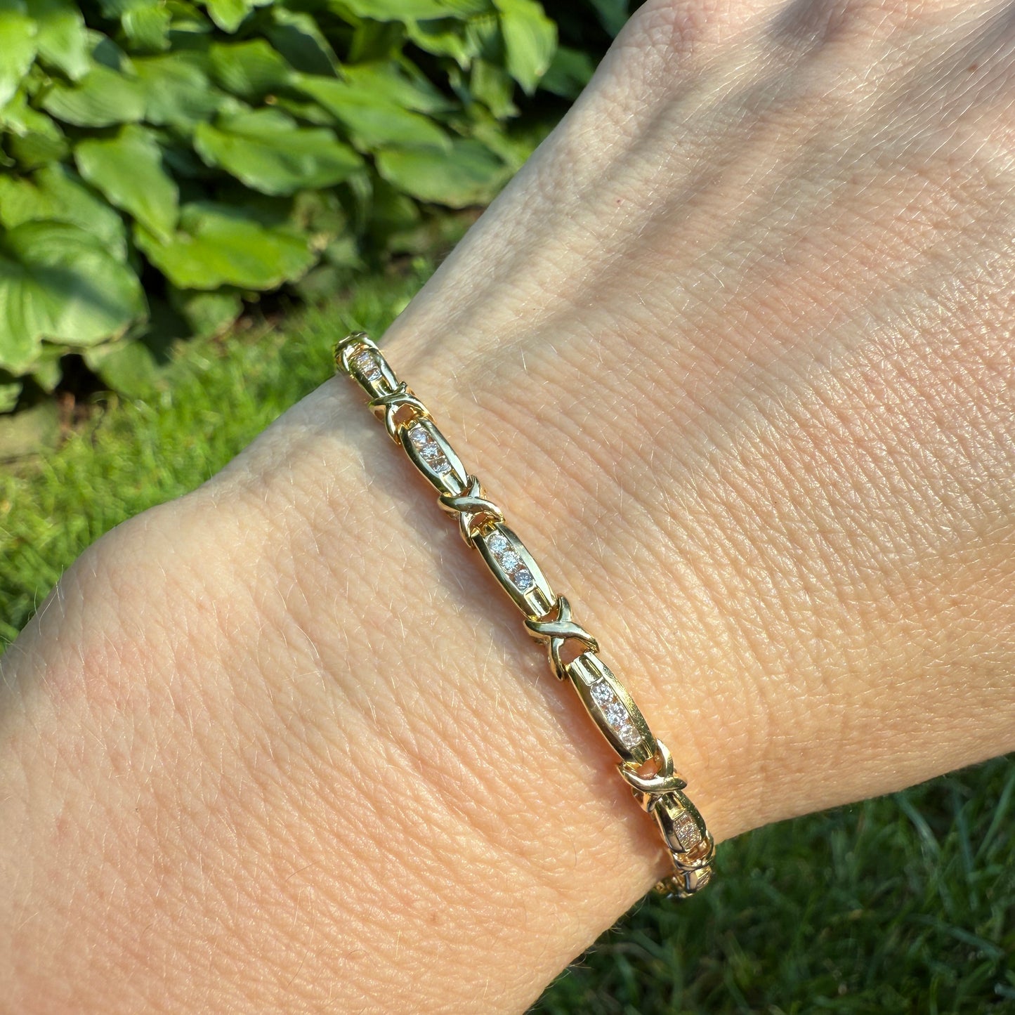 Estate 7" Solid 14K Gold Diamond X & Bar Link Bracelet 4mm 8.32g