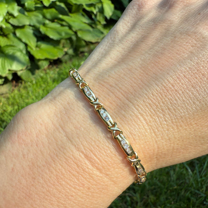Estate 7" Solid 14K Gold Diamond X & Bar Link Bracelet 4mm 8.32g