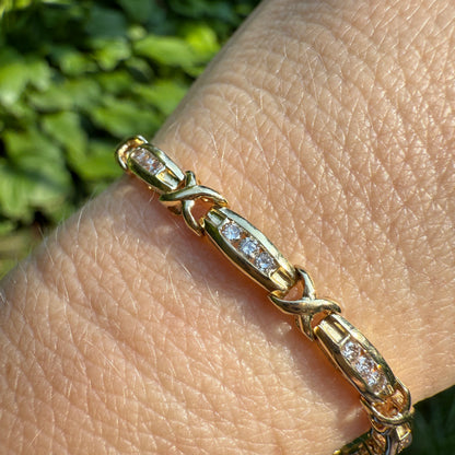 Estate 7" Solid 14K Gold Diamond X & Bar Link Bracelet 4mm 8.32g