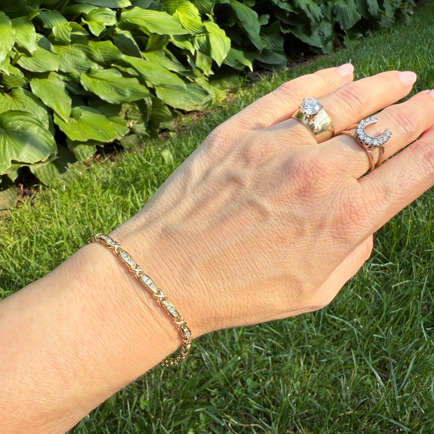 Estate 7" Solid 14K Gold Diamond X & Bar Link Bracelet 4mm 8.32g