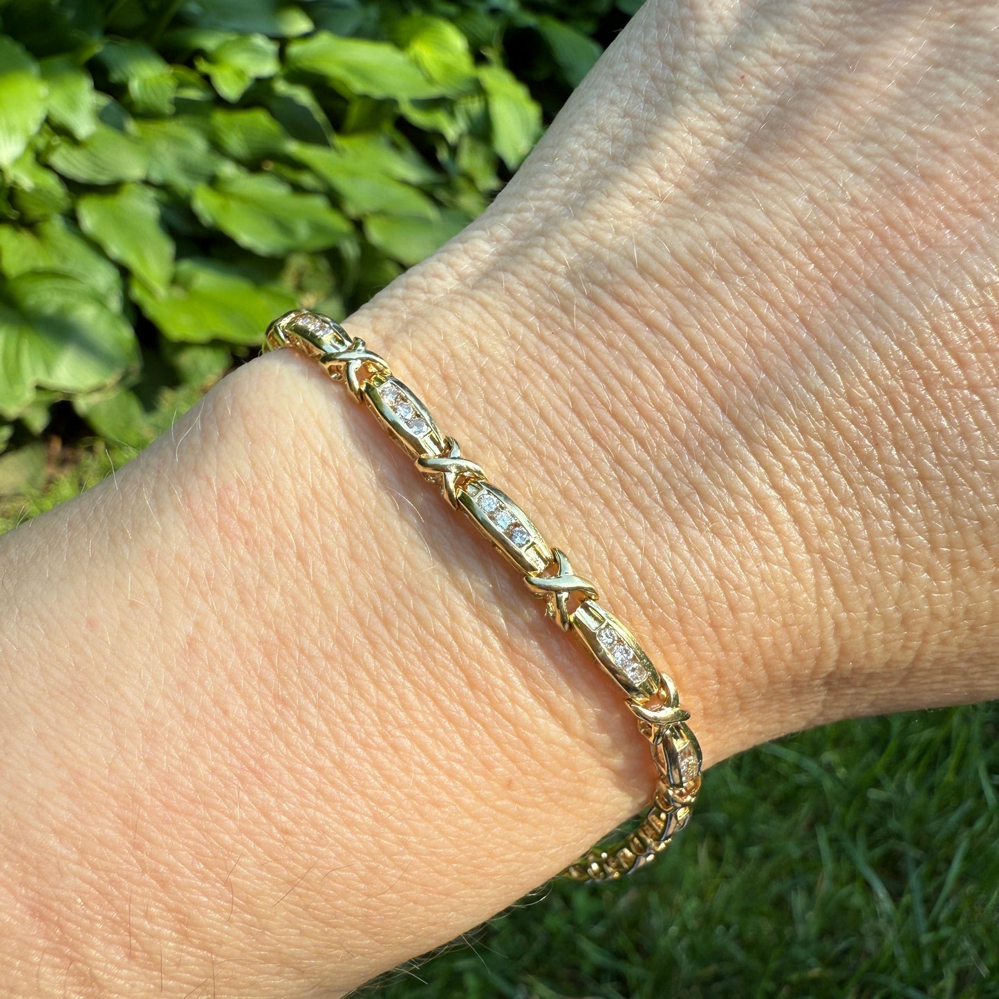 Estate 7" Solid 14K Gold Diamond X & Bar Link Bracelet 4mm 8.32g