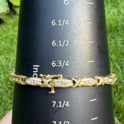 Estate 7" Solid 14K Gold Diamond X & Bar Link Bracelet 4mm 8.32g
