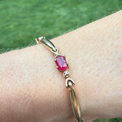 7" Solid 10K Yellow Gold Bracelet with Oval Rubies 4.4g (See Video for Condition)
