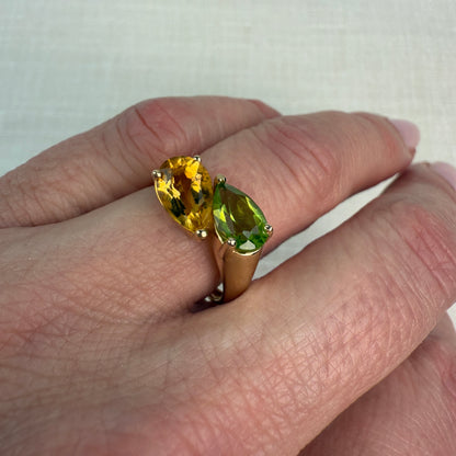 14K Solid Yellow Gold Toi Et Moi Pear Shaped Citrine and Peridot Ring, Size 6