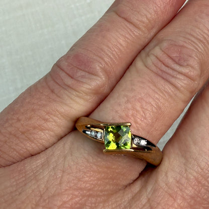 10K  Solid Yellow Gold Square Peridot and Diamond Ring, Size 7