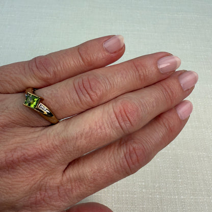 10K  Solid Yellow Gold Square Peridot and Diamond Ring, Size 7