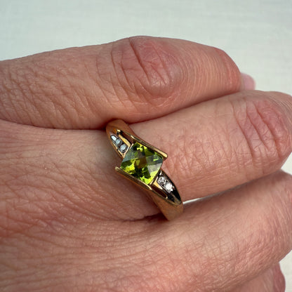 10K  Solid Yellow Gold Square Peridot and Diamond Ring, Size 7
