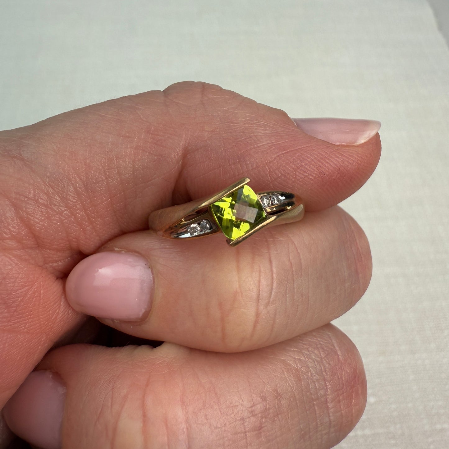 10K  Solid Yellow Gold Square Peridot and Diamond Ring, Size 7