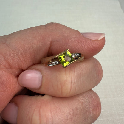 10K  Solid Yellow Gold Square Peridot and Diamond Ring, Size 7