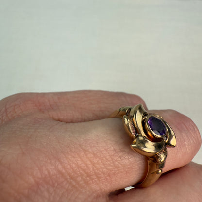 Vintage 10K Solid Yellow Gold Bezel Set Amethyst Mid-Century Ring, Size 5.75
