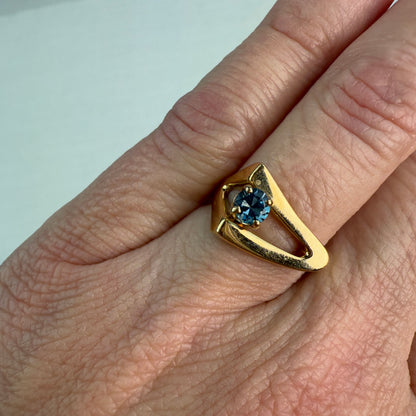 14K Solid Yellow Gold Modernist Open-frame Blue Topaz Ring Size 5