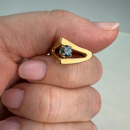 14K Solid Yellow Gold Modernist Open-frame Blue Topaz Ring Size 5