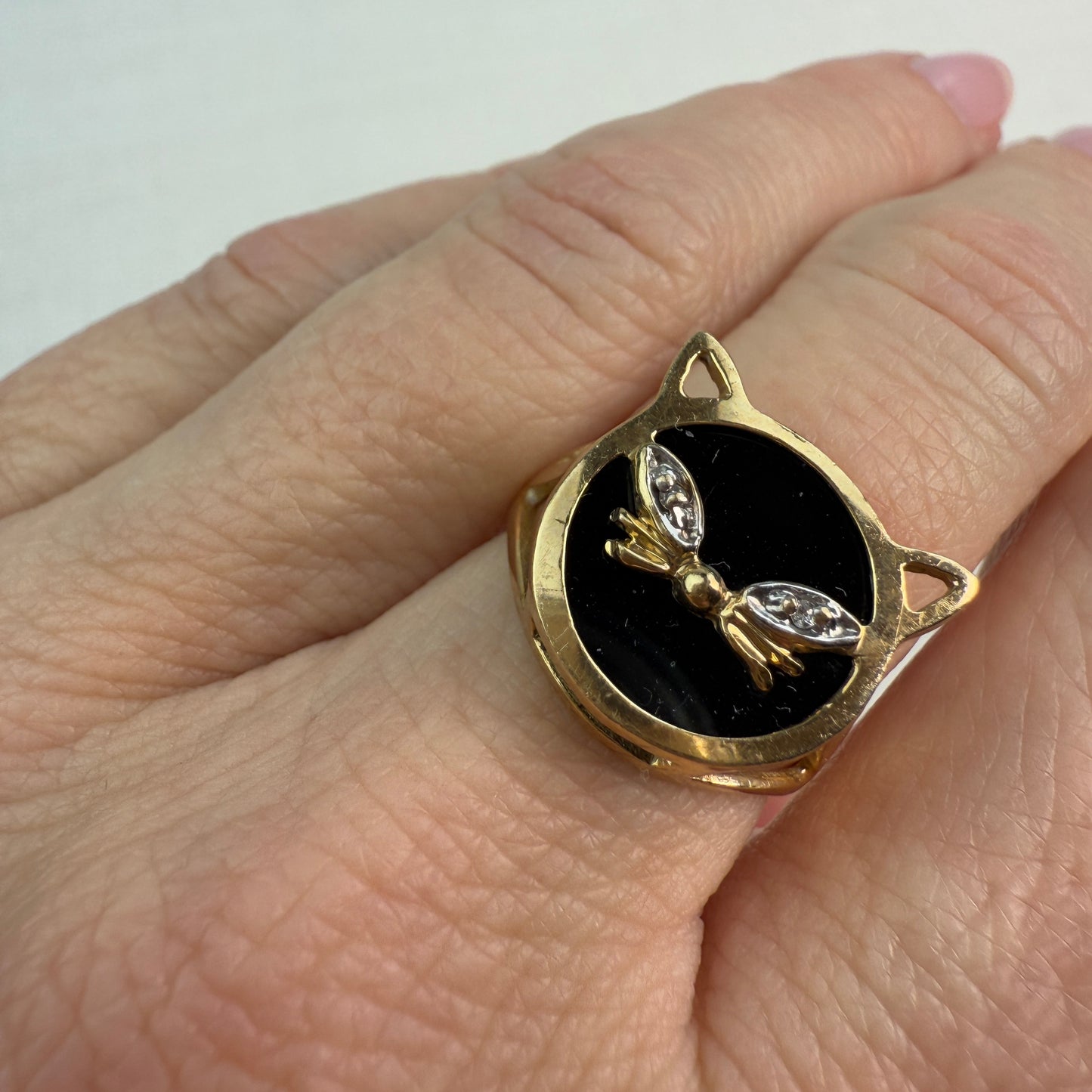 Vintage 10K Solid Yellow Gold and Onyx Cat Ring with Diamond Accent Size 6