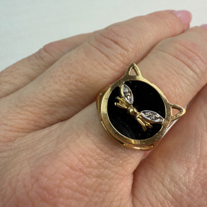 Vintage 10K Solid Yellow Gold and Onyx Cat Ring with Diamond Accent Size 6
