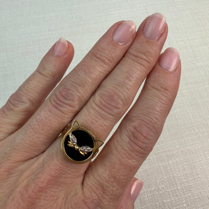 Vintage 10K Solid Yellow Gold and Onyx Cat Ring with Diamond Accent Size 6