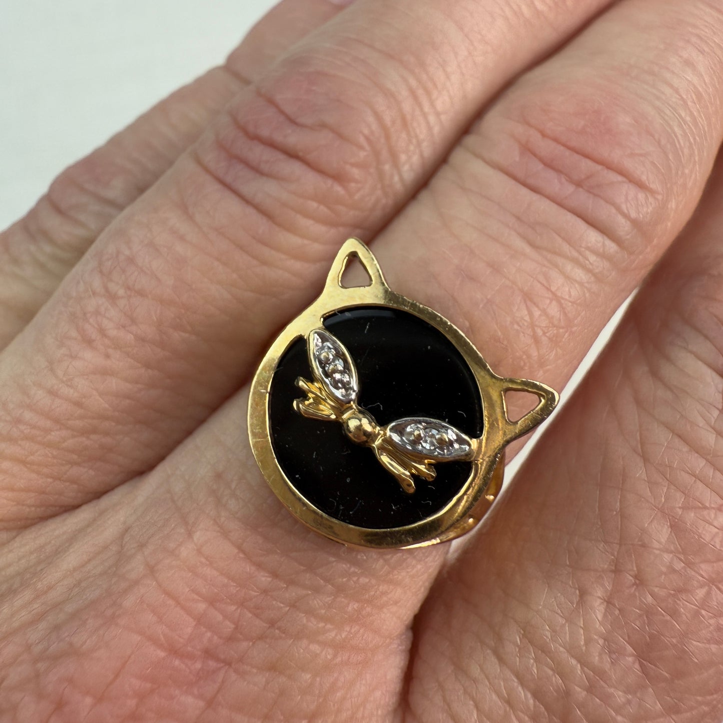 Vintage 10K Solid Yellow Gold and Onyx Cat Ring with Diamond Accent Size 6