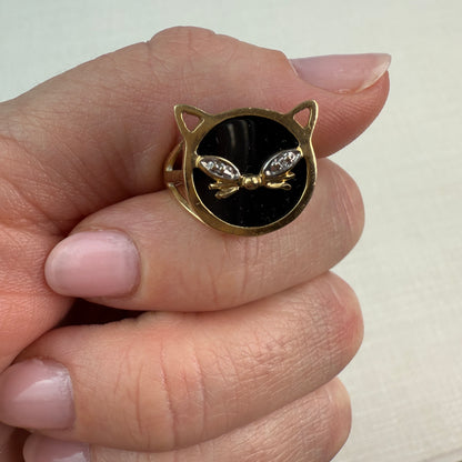 Vintage 10K Solid Yellow Gold and Onyx Cat Ring with Diamond Accent Size 6