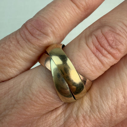 Vintage 9K Triple Rolling Ring Yellow, White, and Rose Gold Size 7.75