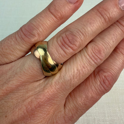 Vintage 9K Triple Rolling Ring Yellow, White, and Rose Gold Size 7.75
