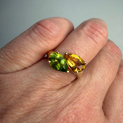 14K Solid Yellow Gold Toi Et Moi Pear Shaped Citrine and Peridot Ring, Size 6