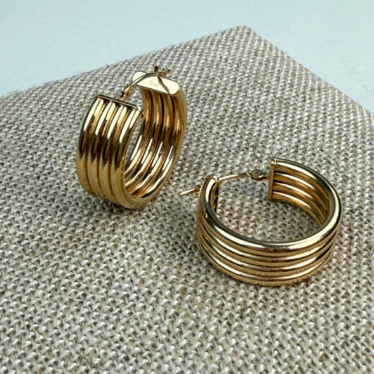 Estate 14k Yellow Gold Bold Ribbed Hoop Earrings .78", 3.07 g, 7.64 mm Wide