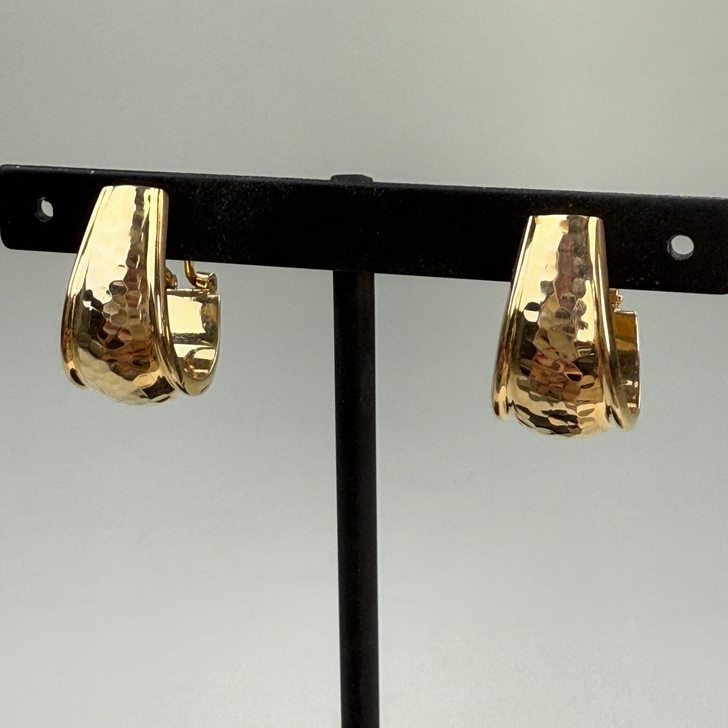 14K Solid Yellow Gold Hammered J Hoop Earrings .76", 12.91 mm Wide, 4.79 g