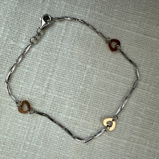 7" Solid 14K Two-tone Gold Heart Station with Fancy Link Bracelet - 2.21 g