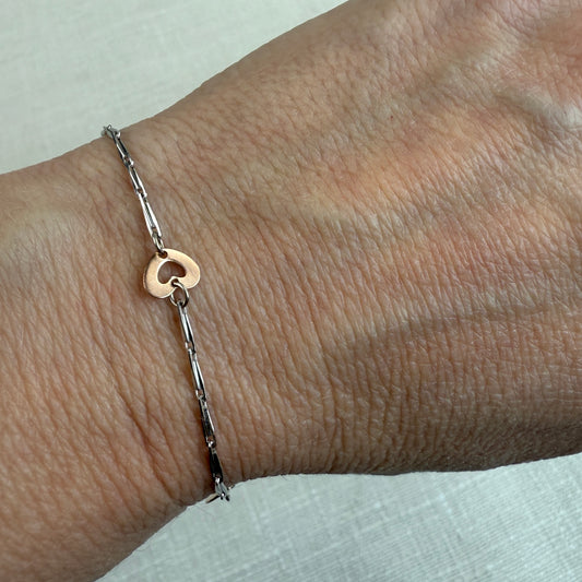 7" Solid 14K Two-tone Gold Heart Station with Fancy Link Bracelet - 2.21 g