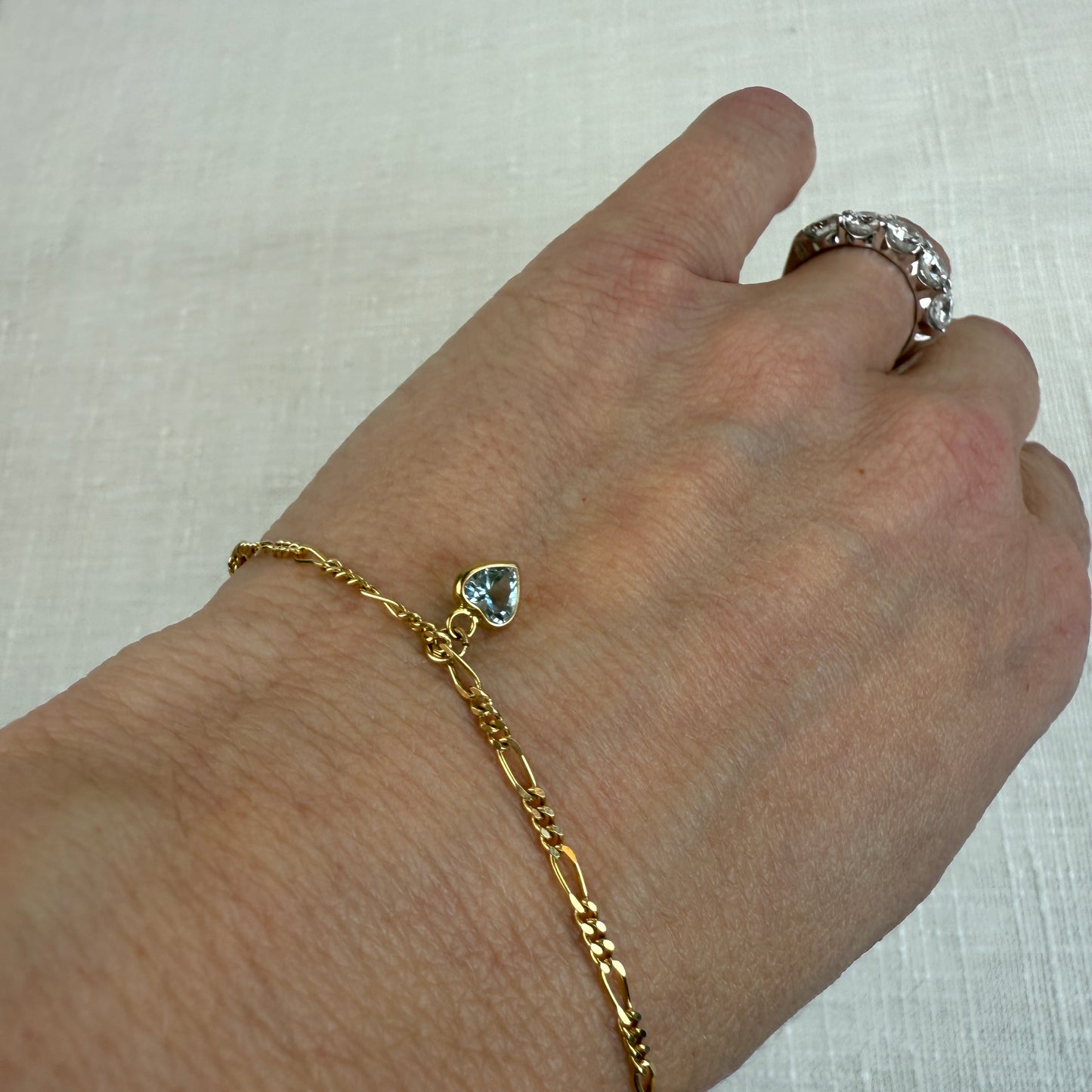 Estate 6.5" Solid 14K Yellow Gold Bracelet with Three Heart Shape Gemstones 2.06 g