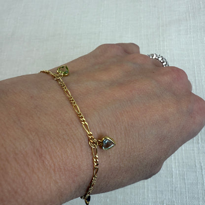 Estate 6.5" Solid 14K Yellow Gold Bracelet with Three Heart Shape Gemstones 2.06 g