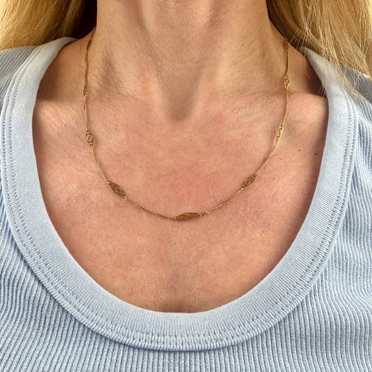 Vintage 20" Italian Solid 10K Yellow Gold Filigree Station Chain