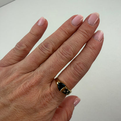 14K Solid Yellow Gold Striking Onyx and Diamond Ring, Size 7.5