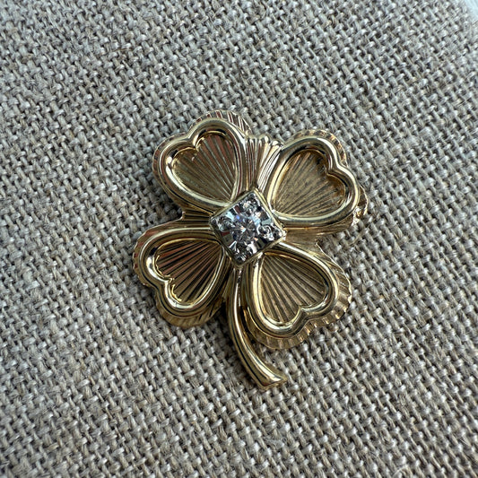 Vintage 14K Engine-turned Four-leaf Clover Pendant with Diamond, 6.93 grams