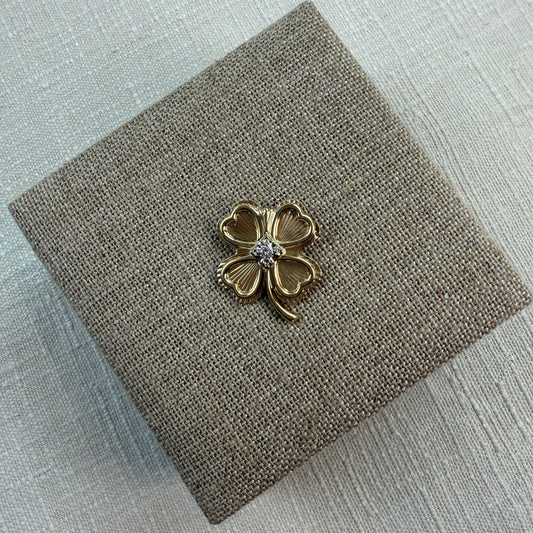 Vintage 14K Engine-turned Four-leaf Clover Pendant with Diamond, 6.93 grams