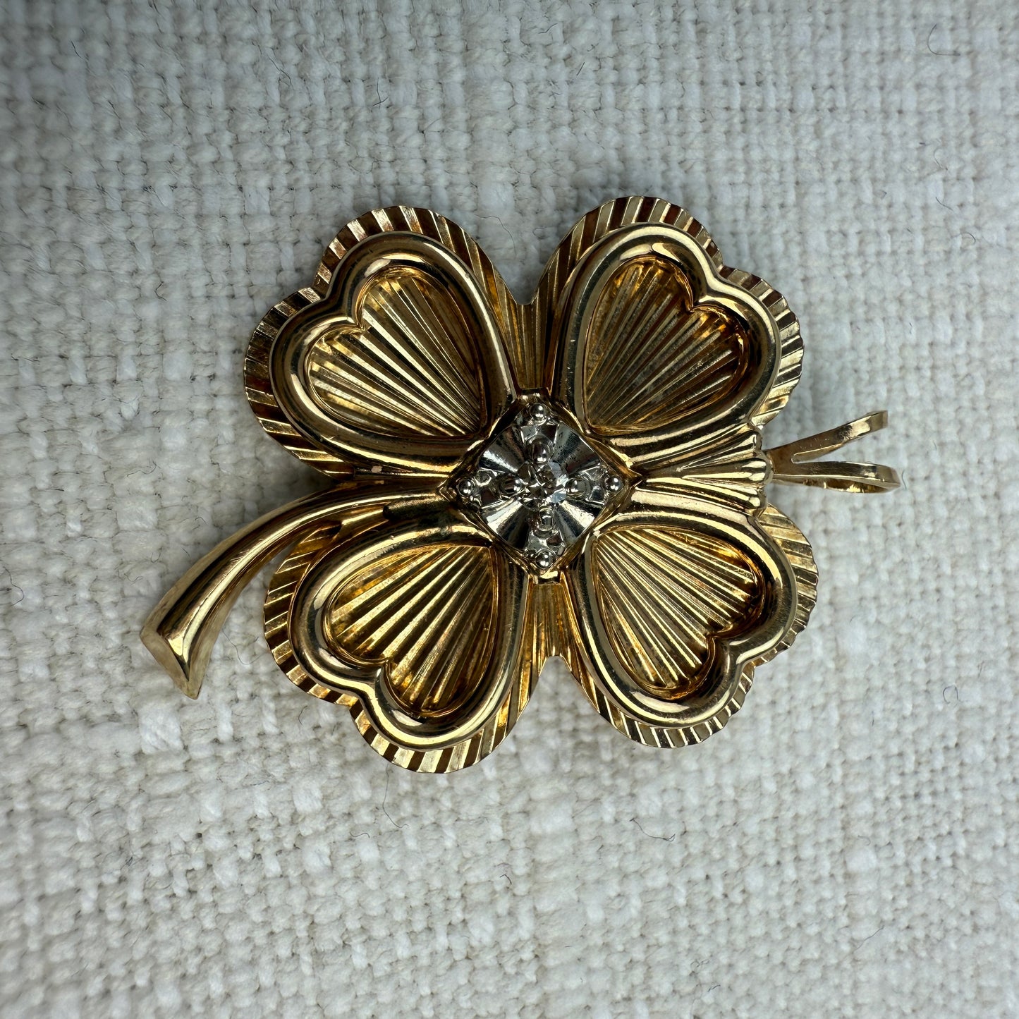 Vintage Solid 10K Vintage Engine-turned Four-leaf Clover Pendant with Diamond, 6.86 grams