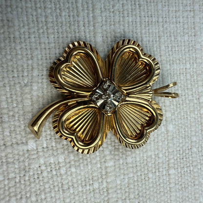 Vintage Solid 10K Vintage Engine-turned Four-leaf Clover Pendant with Diamond, 6.86 grams