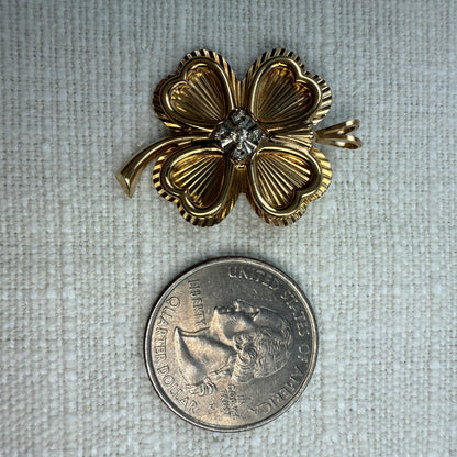 Vintage Solid 10K Vintage Engine-turned Four-leaf Clover Pendant with Diamond, 6.86 grams