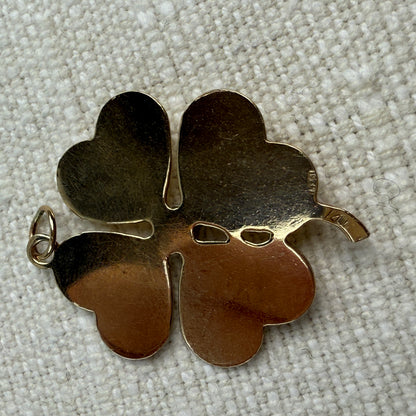 Vintage Solid 14K Yellow Gold Vintage Smooth Four-leaf Clover Pendant with Pearl, 3.07 grams
