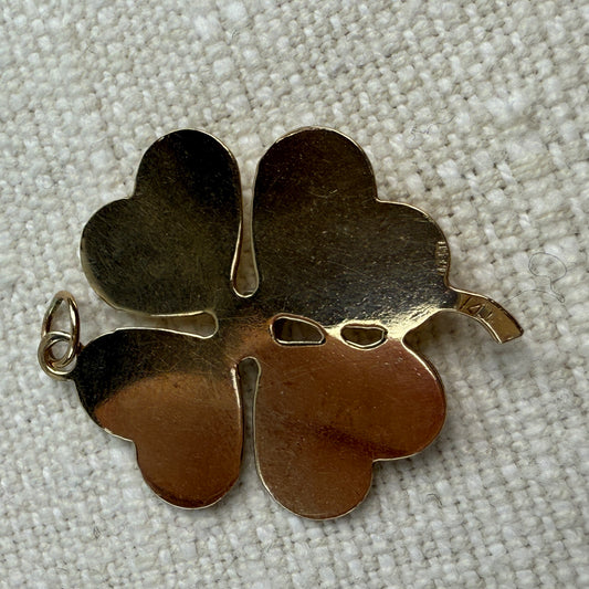 Vintage Solid 14K Yellow Gold Vintage Smooth Four-leaf Clover Pendant with Pearl, 3.07 grams