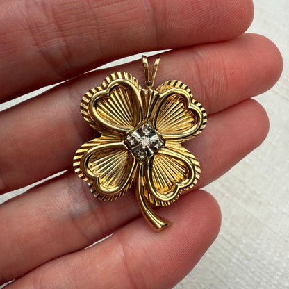Vintage Solid 10K Vintage Engine-turned Four-leaf Clover Pendant with Diamond, 6.86 grams