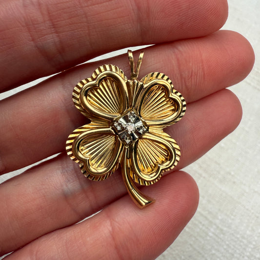 Vintage Solid 10K Vintage Engine-turned Four-leaf Clover Pendant with Diamond, 6.86 grams