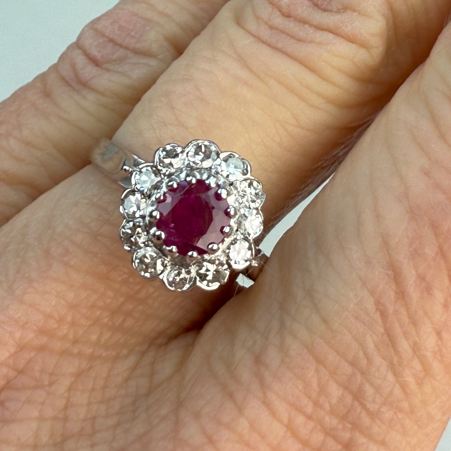 18K White Gold Ruby and Natural Diamond Cluster Ring Size 6